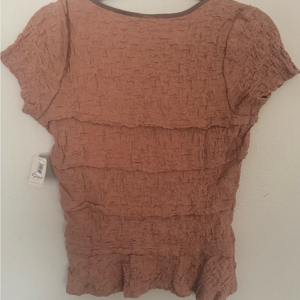 NWT Free People Ribbed Lace Krystal Tuscany Brown Ruffle T Shirt Tee Top Small - Picture 2 of 6